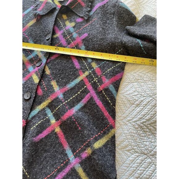 Vintage Talbots Boiled Wool Grey & Rainbow Disco Button Up Fringe Cardigan Med - Picture 8 of 9